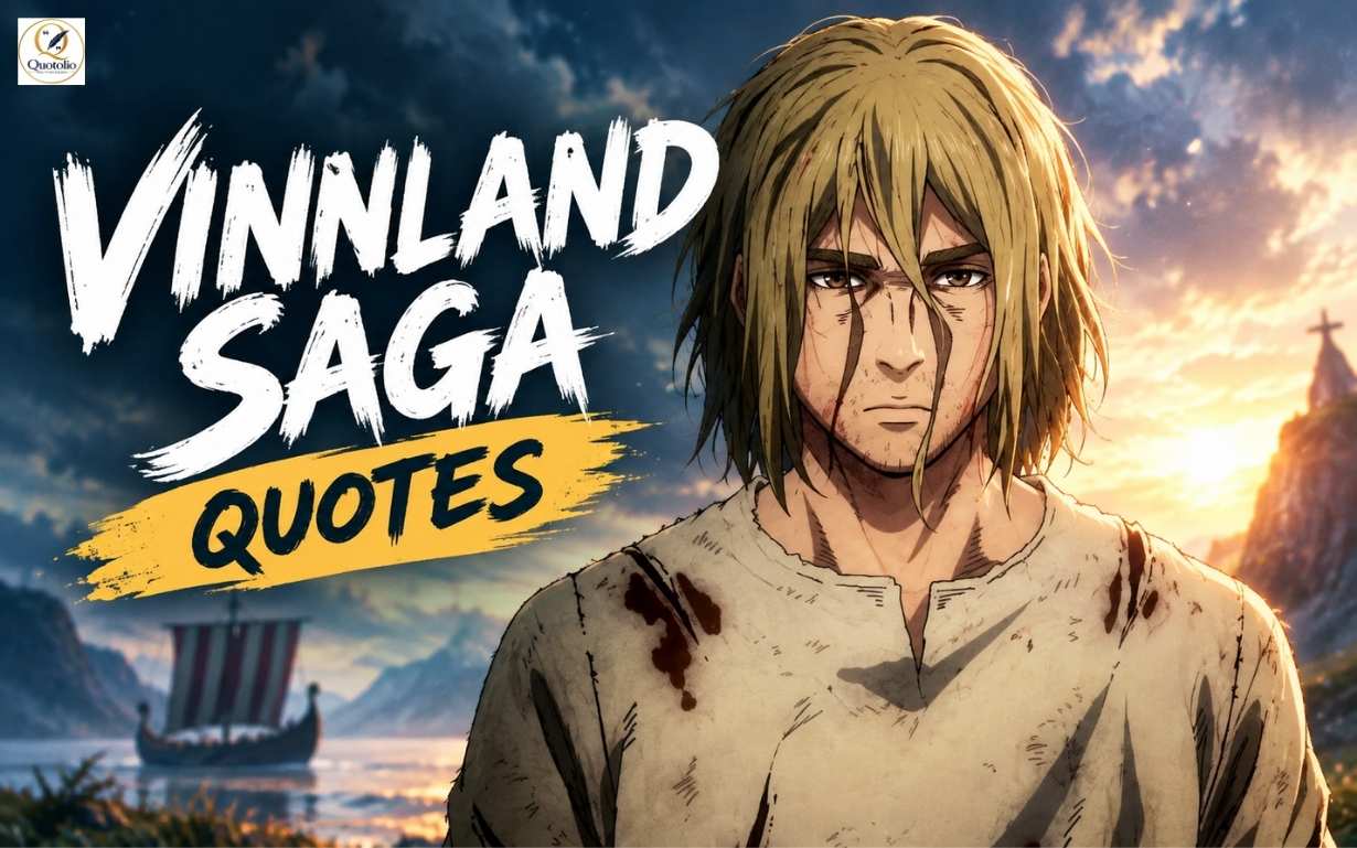 Vinland Saga quotes featured image with a battle-worn anime warrior, dramatic Viking landscape, longship, and bold “VINNLAND SAGA QUOTES” text.