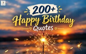 200+ Happy Birthday Quotes featured image with a glowing sparkler against a beautiful sunset background.