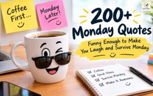 200+ funny Monday quotes featured image with a smiling coffee mug