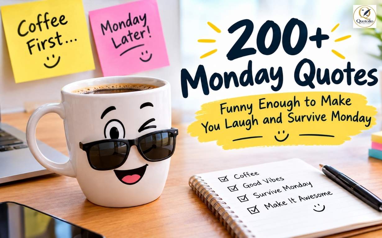 200+ funny Monday quotes featured image with a smiling coffee mug