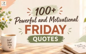100+ powerful and motivational Friday quotes featured image with a warm pastel background, coffee cup, flowers, and inspirational typography.