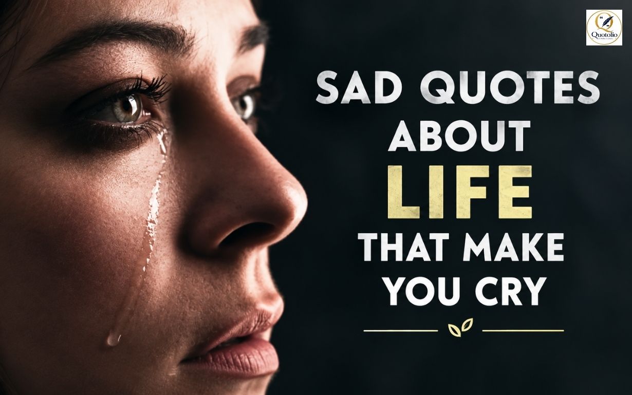 Sad woman with tears in her eyes beside the text “Sad Quotes About Life That Make You Cry” on a dark emotional background.